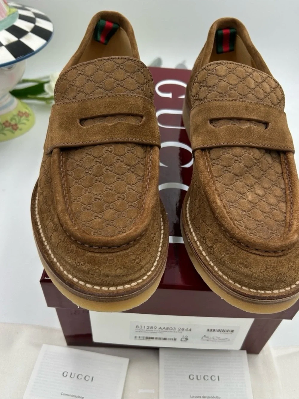 Men's Gucci suede GG monogram web loafers size 10 fits 10.5 US made in Italy